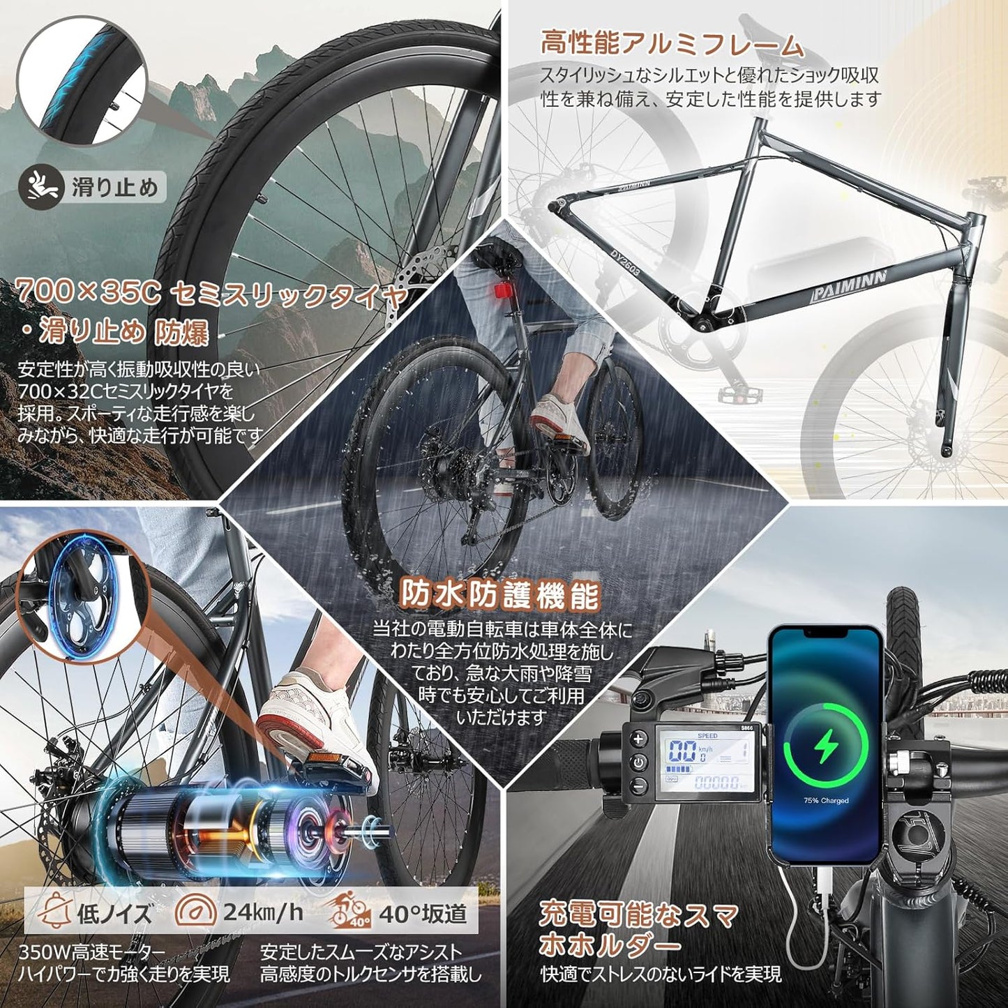電動アシスト自転車 ロードバイク タイヤ700x35C ロードバイク 軽量アルミフレーム 36V10.4ah大容量バッテリー シマノ7段変速 LEDライト搭載 前後ディスクブレーキ IP56防水 男女兼用 通勤 街乗り 日本語取扱説明書 公道可