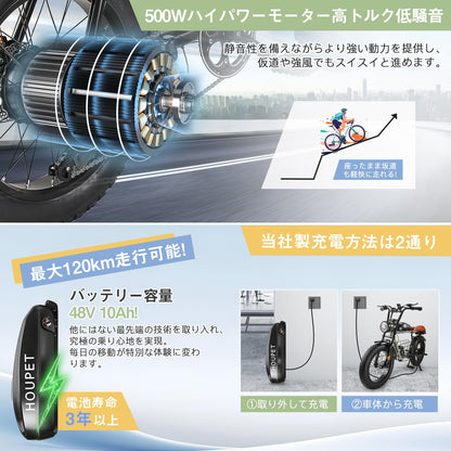 DYS2 電動アシスト自転車 | 500Wブラシレスモーター | 20インチ極太タイヤ | 最大120KM走行距離 | スマートLCDディスプレイ | シマノ7段変速